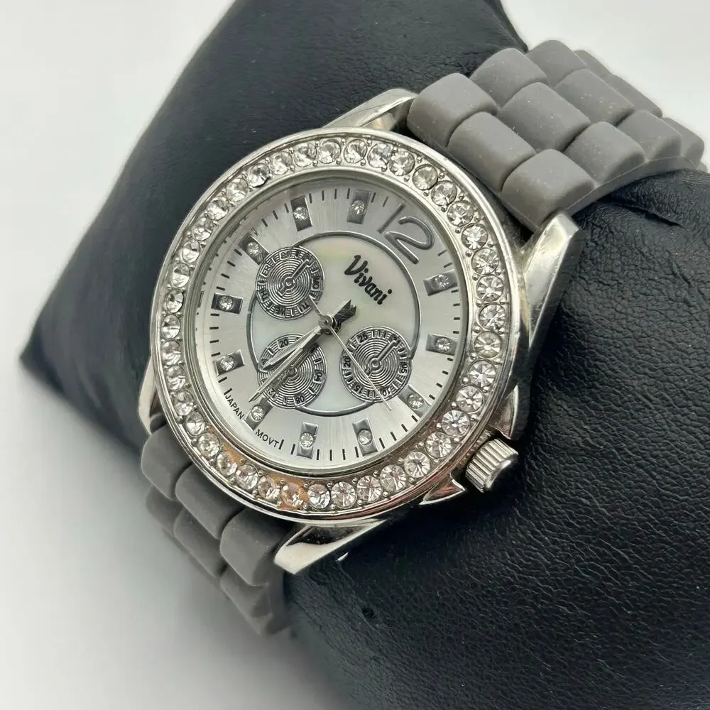 Vivani Mother Pearls Crystal Bezel Gray Band Women’s Watch New Battery